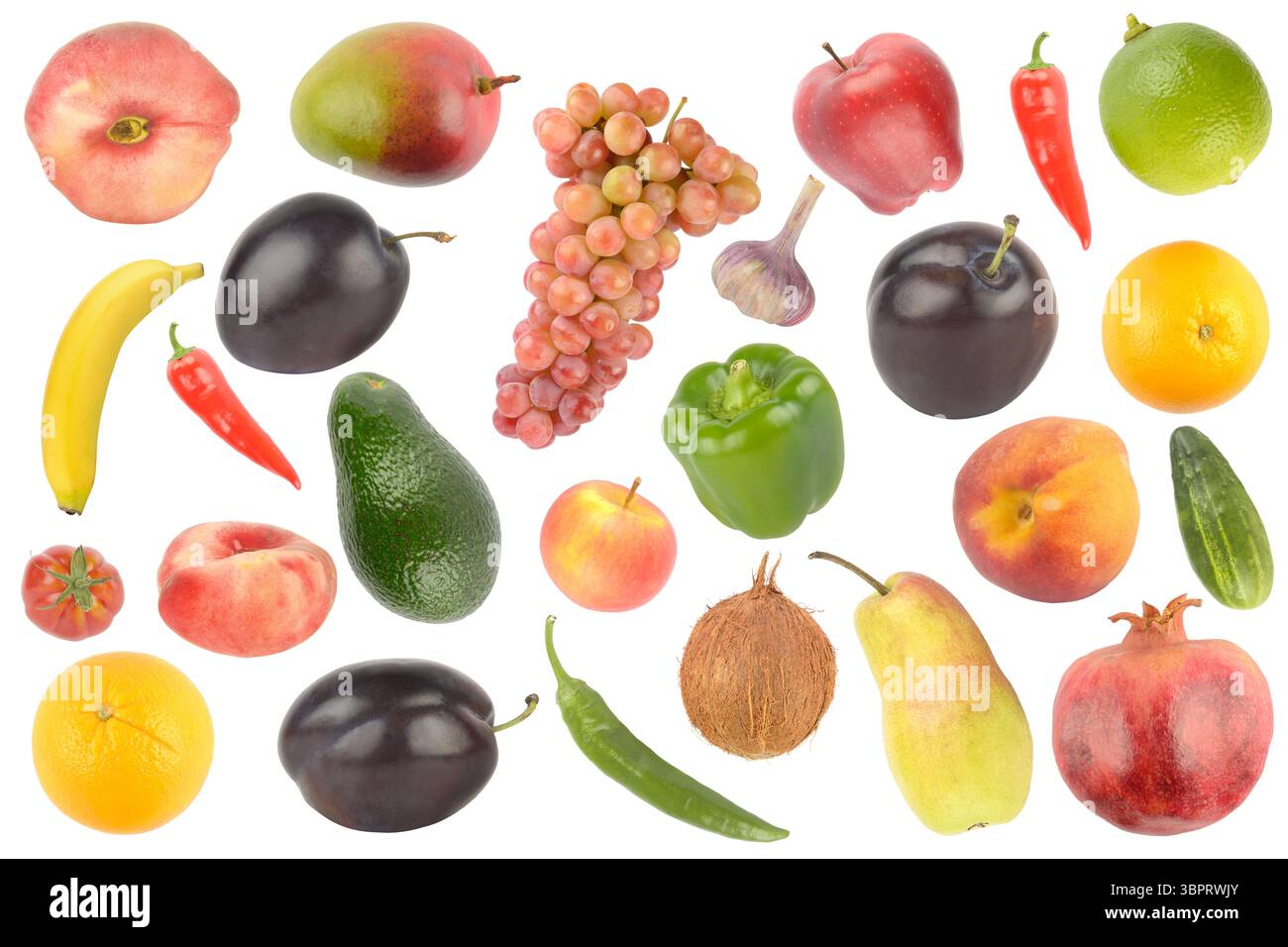 Stellen Sie helles appetitliches Obst und Gemüse isoliert auf weißem Hintergrund. Stockfoto