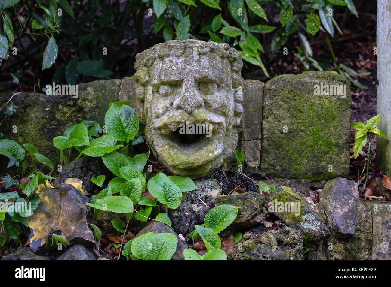 Nahaufnahme einer verwitterten Steinschnitzerei im wunderschönen Plantation Garden in Norwich, Großbritannien. Stockfoto Nahaufnahme einer verwitterten Steinschnitzerei im wunderschönen Plantation Garden in Norwich, Großbritannien. Stockfoto