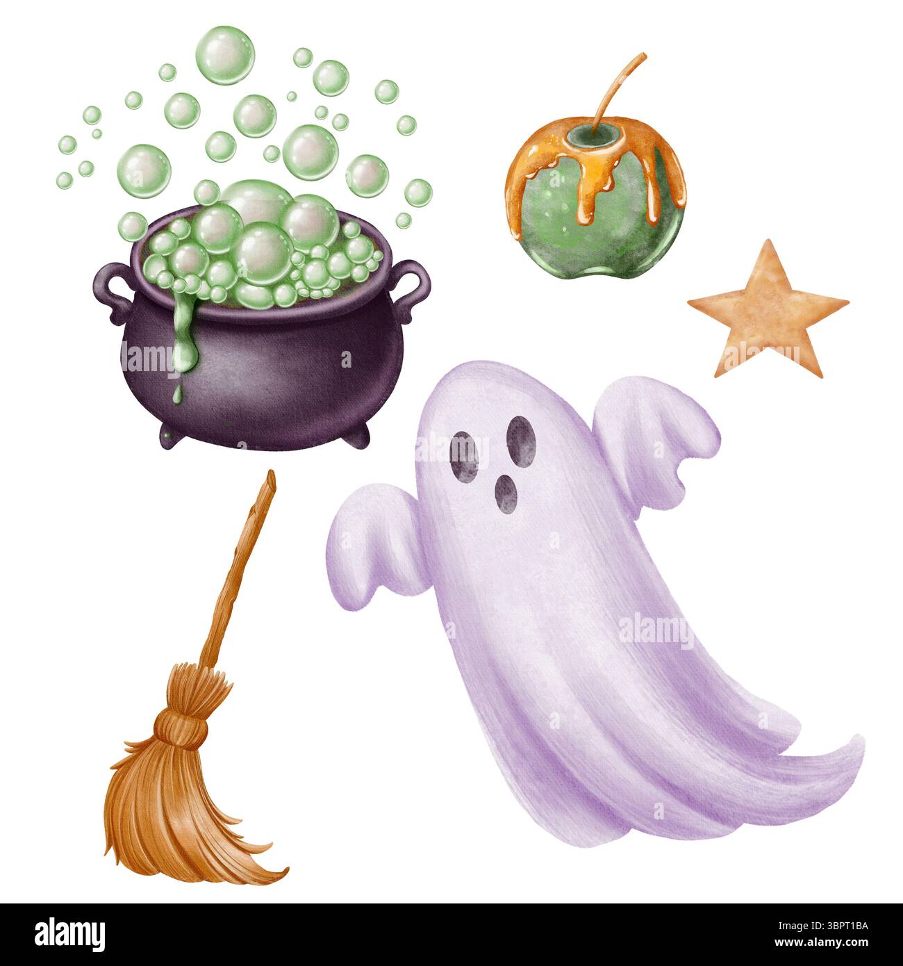 Eine Reihe von Illustrationen mit einem Geist, einem Hexenkessel mit Blasen, einem grünen Karamell-Apfel, einem Besen und einem Sternkeks. Die Abbildung ist fertig Stockfoto