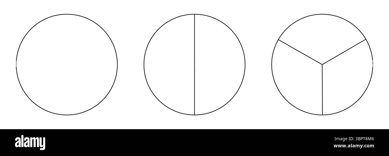 Sammlung segmentierter Diagramme isoliert auf weißem Hintergrund. Viele Sektoren teilen den Kreis auf gleiche Teile. Schmale schwarze Grafiken umreißen. Einstellen Stock Vektor