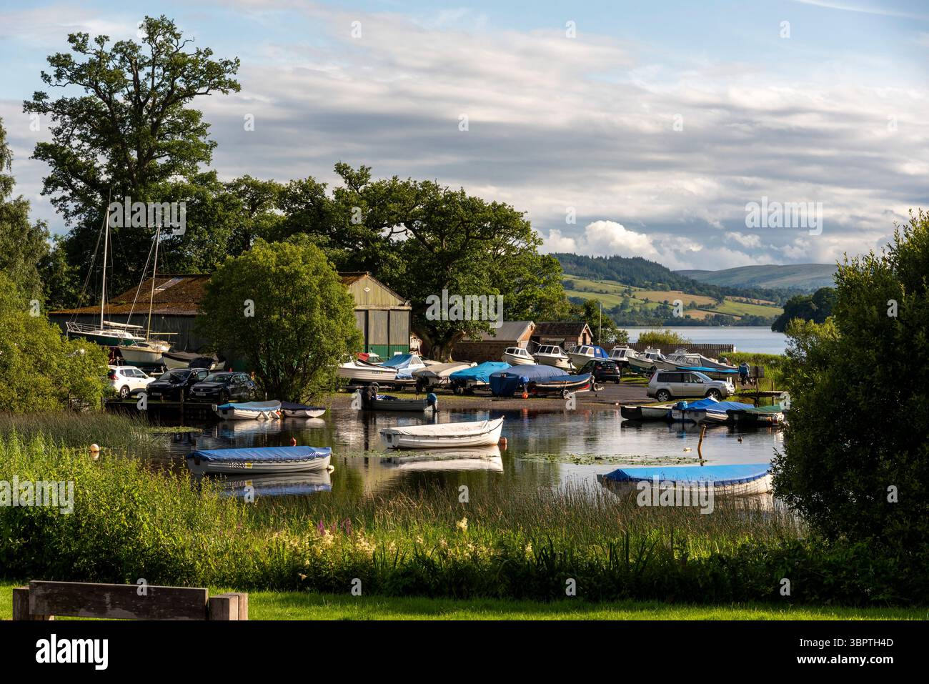 Balmaha Loch Balmaha, Lomond Scotland UK.06.07.2025. Kleine Boote am Rand des Loch Lomond bei Balmaha von hier aus geht es weiter auf dem West Highlands Way Stockfoto