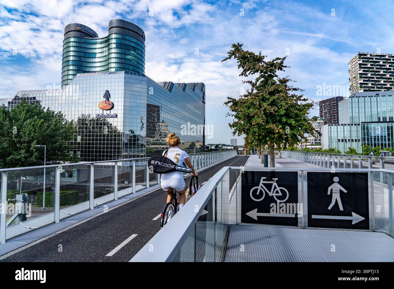 Die Moreelse brug, Fußgänger- und Fahrradbrücke über die Gleise von Utrecht Centraal, Hauptbahnhof, mit Bäumen bepflanzt, Rabobank-Gebäude, Neth Stockfoto