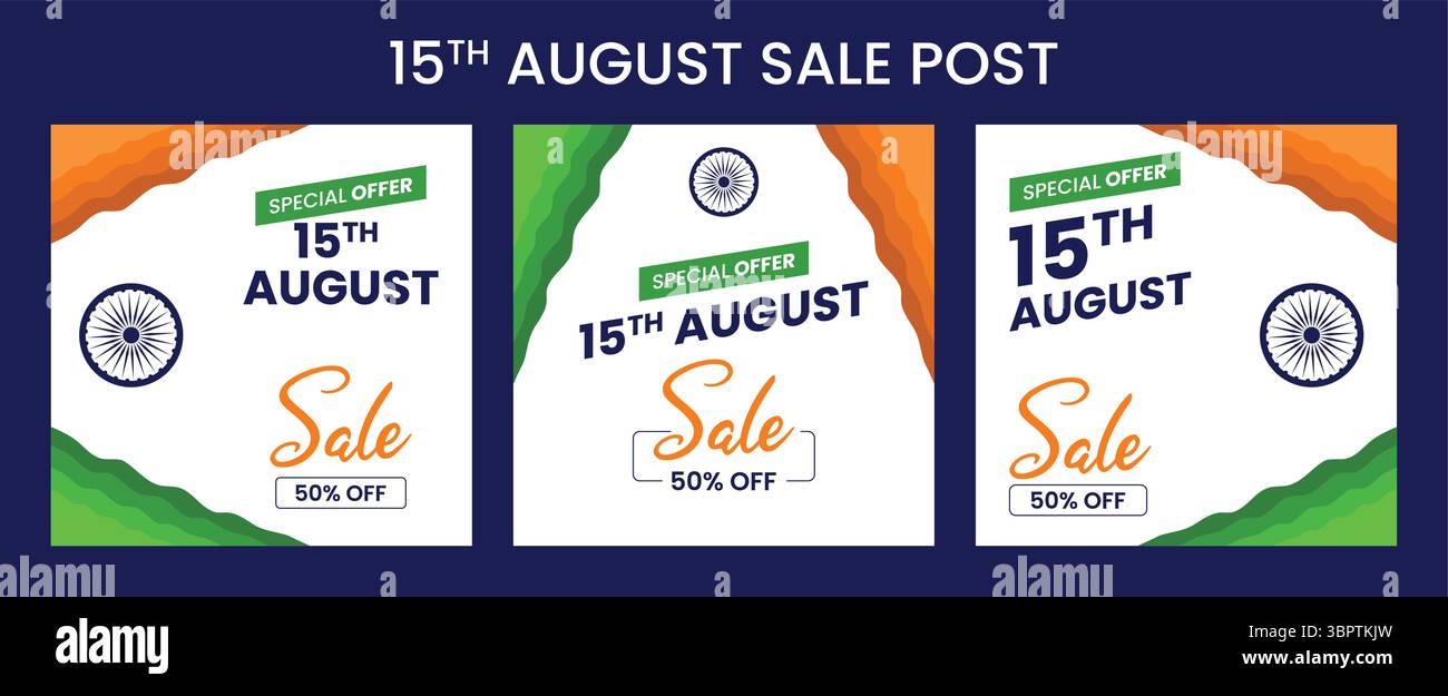 15. August Indien Independence Day Sale Banner Set Tricolor Social Media Post Design mit Ashoka Chakra Indian Flag Theme Vorlagen – 50 % Rabatt auf Di Stock Vektor