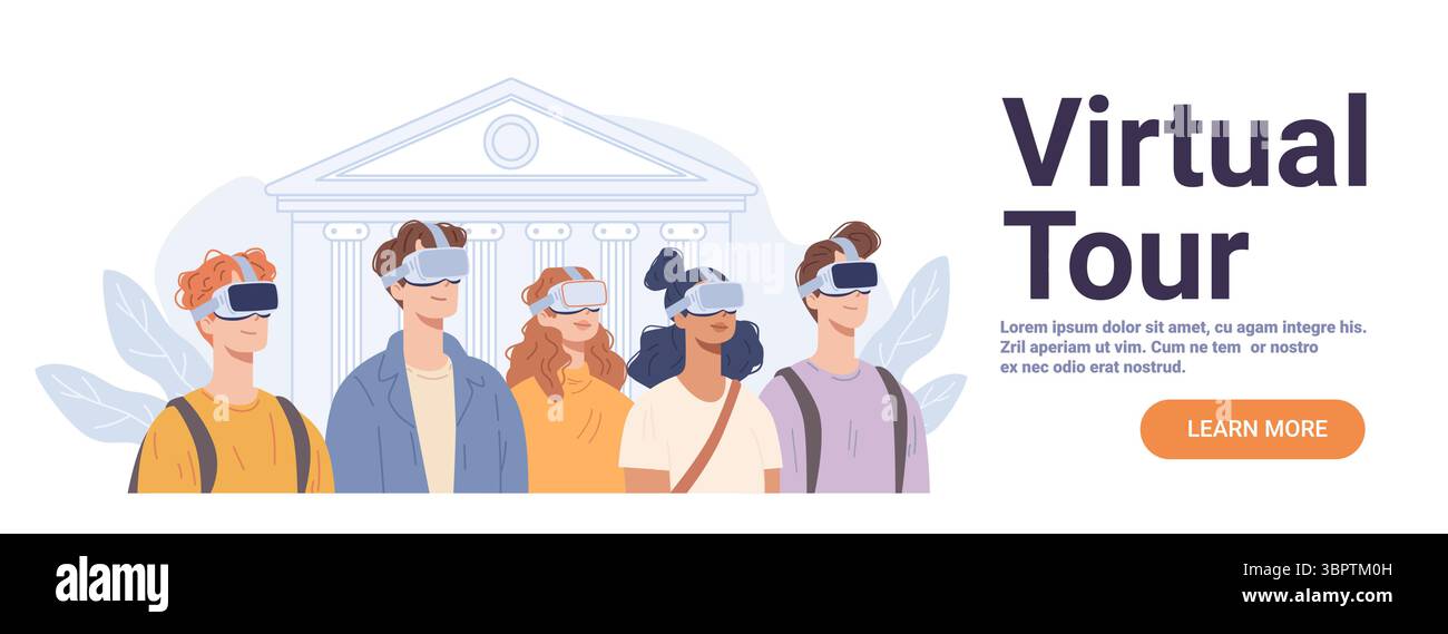 Studenten Virtual-Reality-Museum Tour durch verschiedene junge Menschen mit VR-Headsets altes Gebäude Hintergrund Moderne Bildungstechnologie Website-Banner Stock Vektor