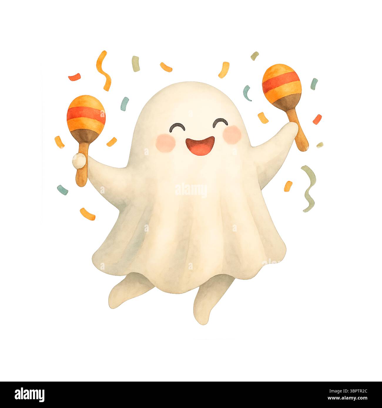 Happy Ghost with Maracas and Confetti – Watercolor Halloween Celebration Spirit Stockfoto