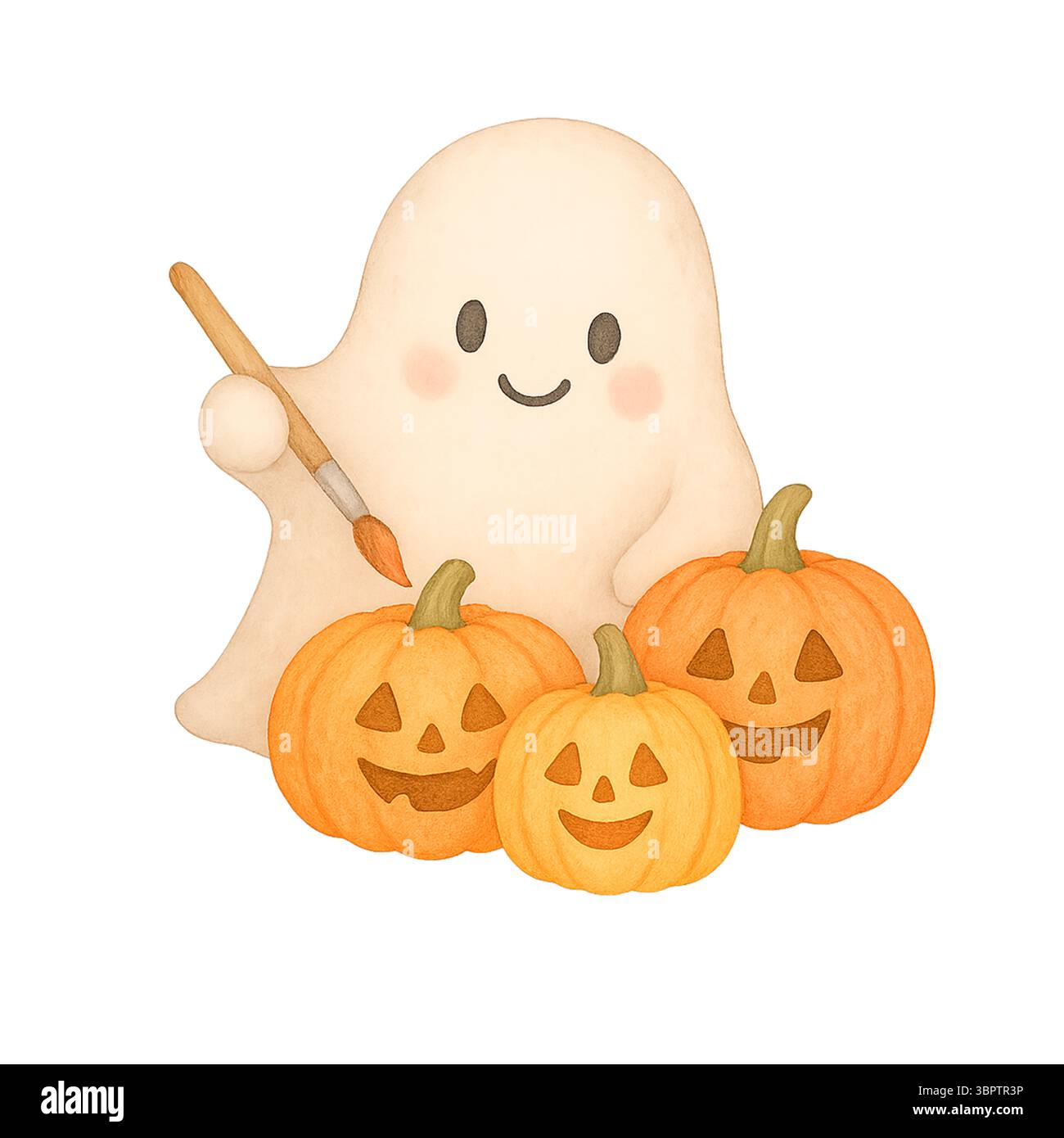 Happy Ghost with Three Pumpkins – Halloween-Dekorationscharakter Stockfoto
