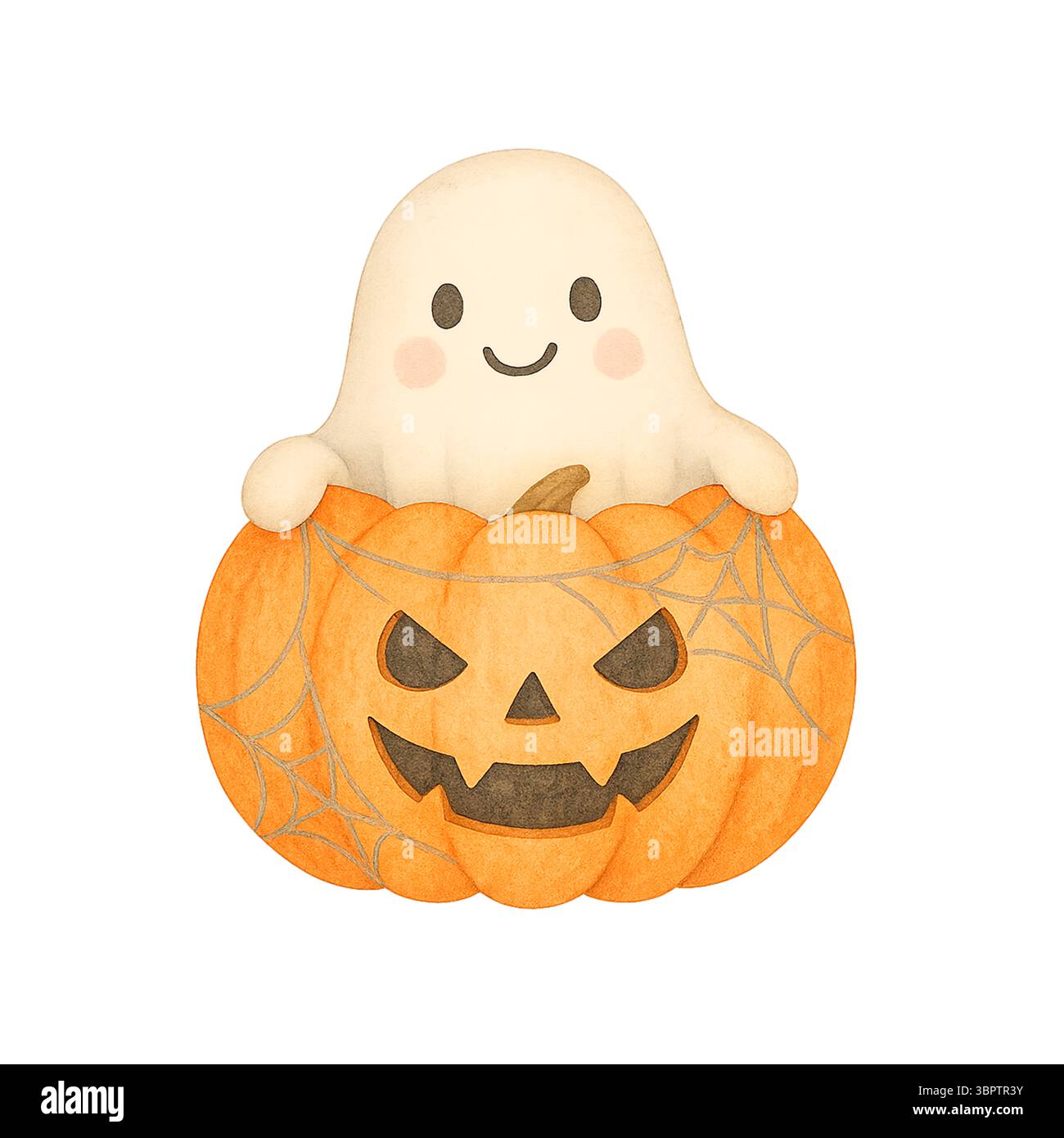 Happy Ghost sitzt in einer Jack-o'-Laterne – entzückendes Halloween Clipart Stockfoto