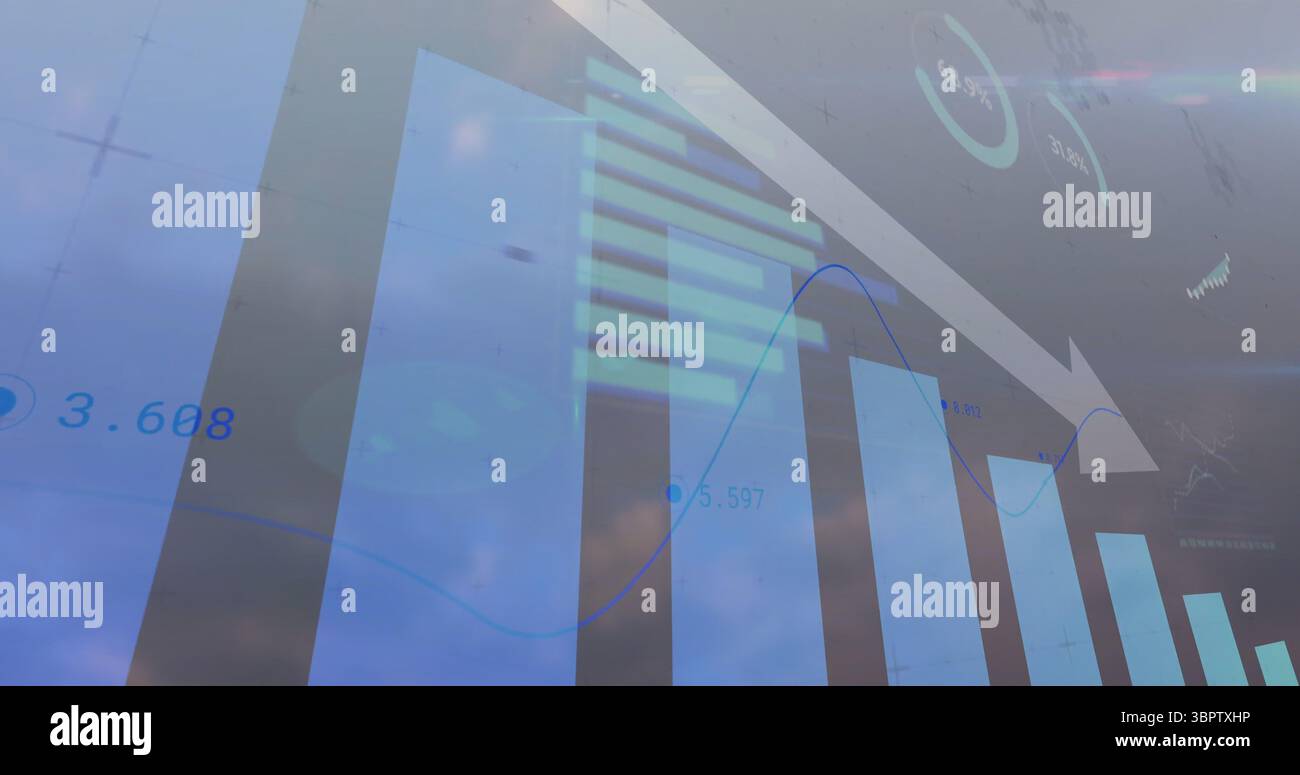 Abnehmende vertikale Balken, die über den Bildschirm nach unten gleiten, mit gekrümmtem Liniendiagramm, Pfeil und Prozentsätzen Stockfoto