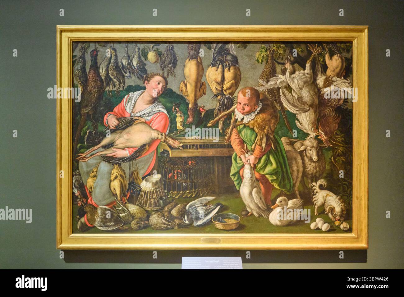 Die Geflügelverkäufer, eine Genreszene des Malers Vincenzo Campi. Huhn, Ente, anderes Geflügel. Im Kunstmuseum Pinacoteca di Brera in Mailand, Italien. Stockfoto