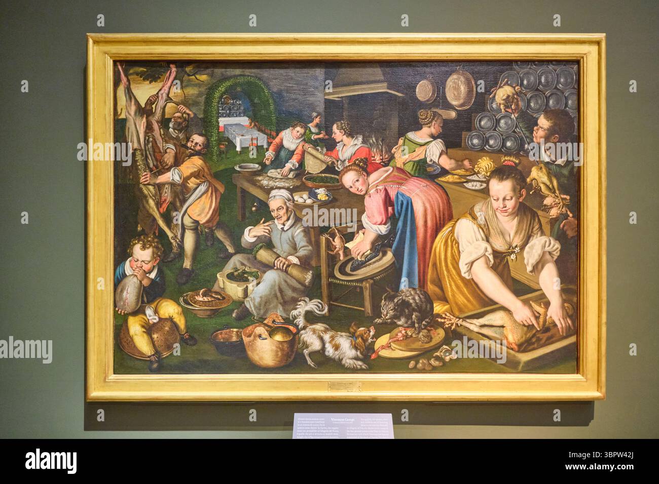 Dienerinnen bereiten ein fest vor, eine Genre-Szene des Malers Vincenzo Campi. Metzgerei, Backen, Kochen. Im Kunstmuseum Pinacoteca di Brera in Mailand, Italien. Stockfoto