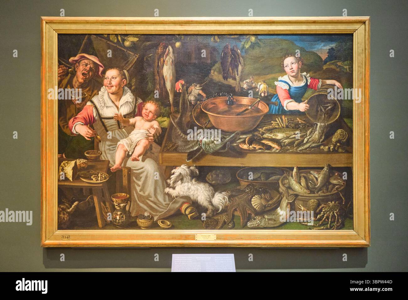 Fischhändler, eine Genre-Szene des Malers Vincenzo Campi. Meeresfrüchte zum Verkauf, Fisch, Tintenfisch, Krabben. Im Kunstmuseum Pinacoteca di Brera in Mailand, Italien. Stockfoto