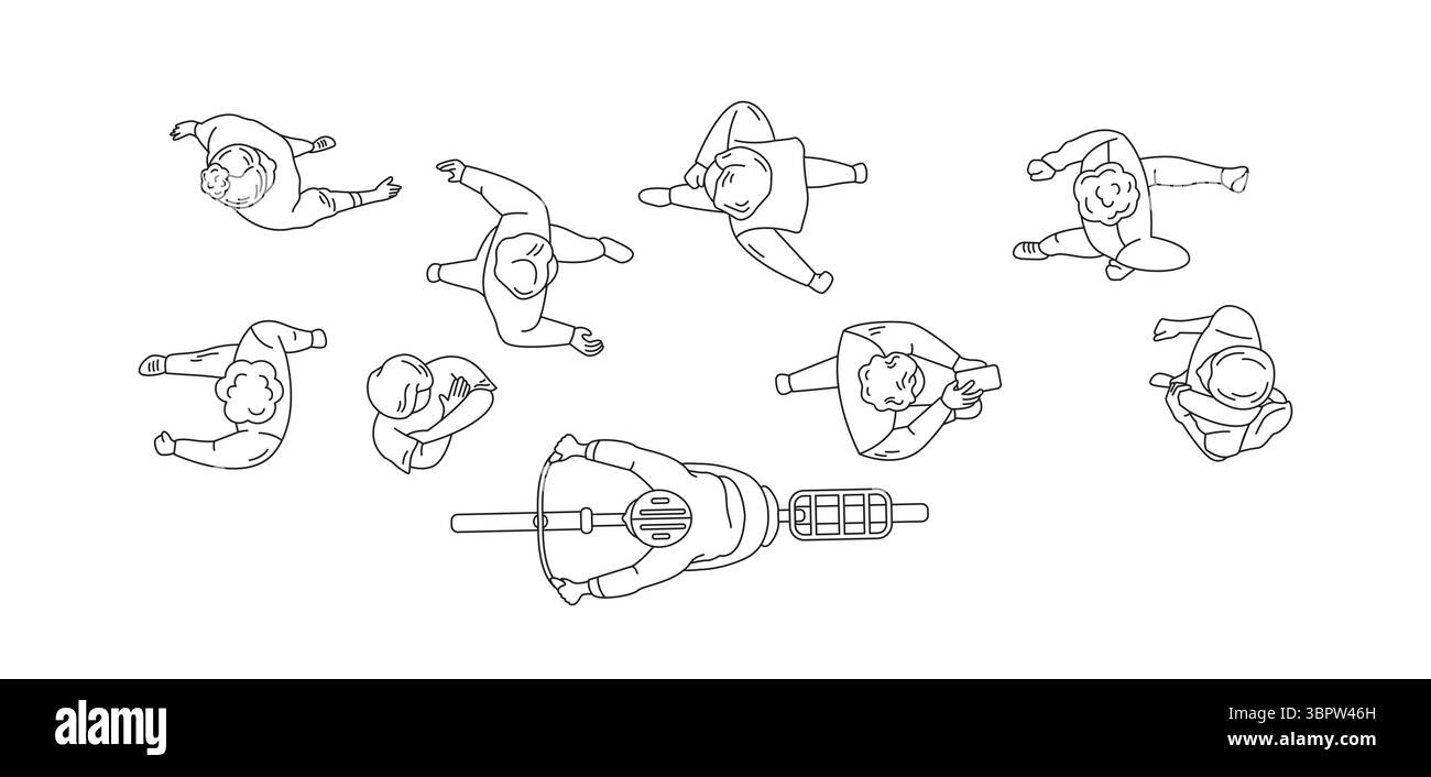 Linienzeichnung von Personen, die von oben betrachtet werden. Verschiedene Personen in lässigen Outfits umgeben eine Person auf einem Roller auf weißem Hintergrund. Illustrativer Stil Stock Vektor