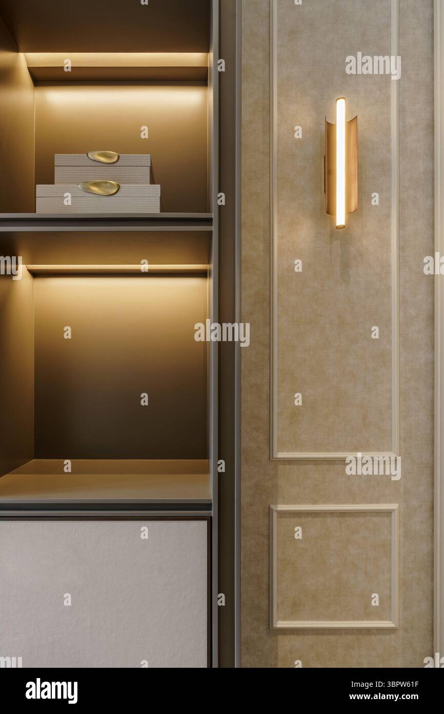 Detail der individuell angepassten Einbauregale mit warmer integrierter LED-Beleuchtung und einer modernen Messing-Wandleuchte. Eleganter Stauraum mit klassischer Wandverkleidung. Stockfoto