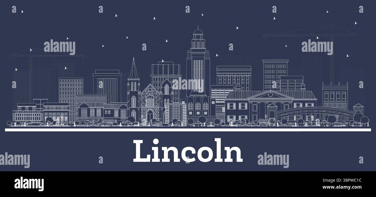 Umreißen Sie die Skyline von Lincoln Nebraska City mit weißen Gebäuden. Vektorabbildung. Business Travel and Tourism Concept mit historischer Architektur. Stock Vektor