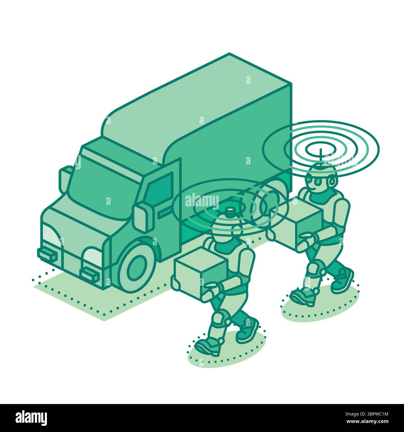 Isometrische Roboter, die Boxen in der Nähe eines Lieferwagens mit Funksignalen transportieren. Intelligente Logistik, Automatisierung und KI-Technologie für eine moderne Lieferkette. V Stock Vektor