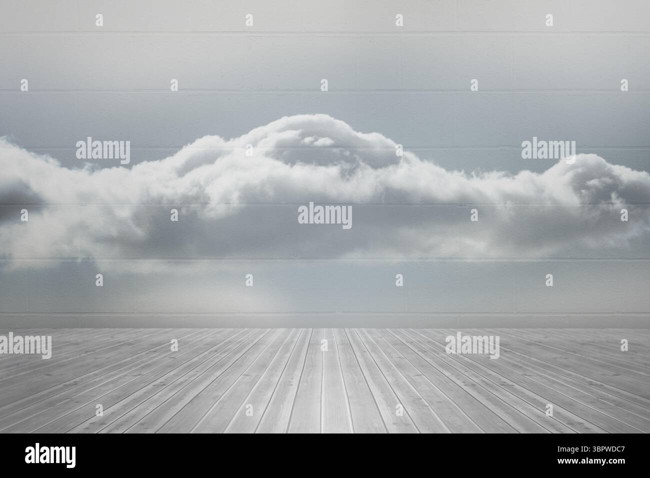 Das weiße Wolkenbild schwebt über eine graue Ziegelwand über einem hellgrauen Dielenboden in flachem Design Stockfoto