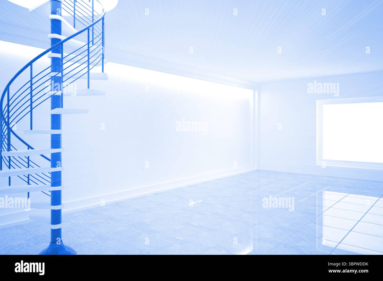 Hell blaues Zimmer mit Wendeltreppe Stockfoto