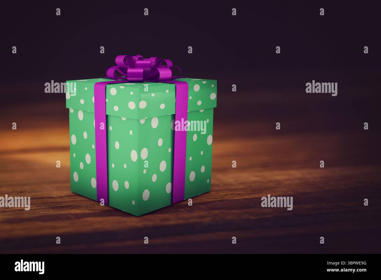 Grüne Geschenkbox mit Polka-Punktmuster und violettem Band liegt in 3D vor dunklem Hintergrund auf der Tischplatte Stockfoto