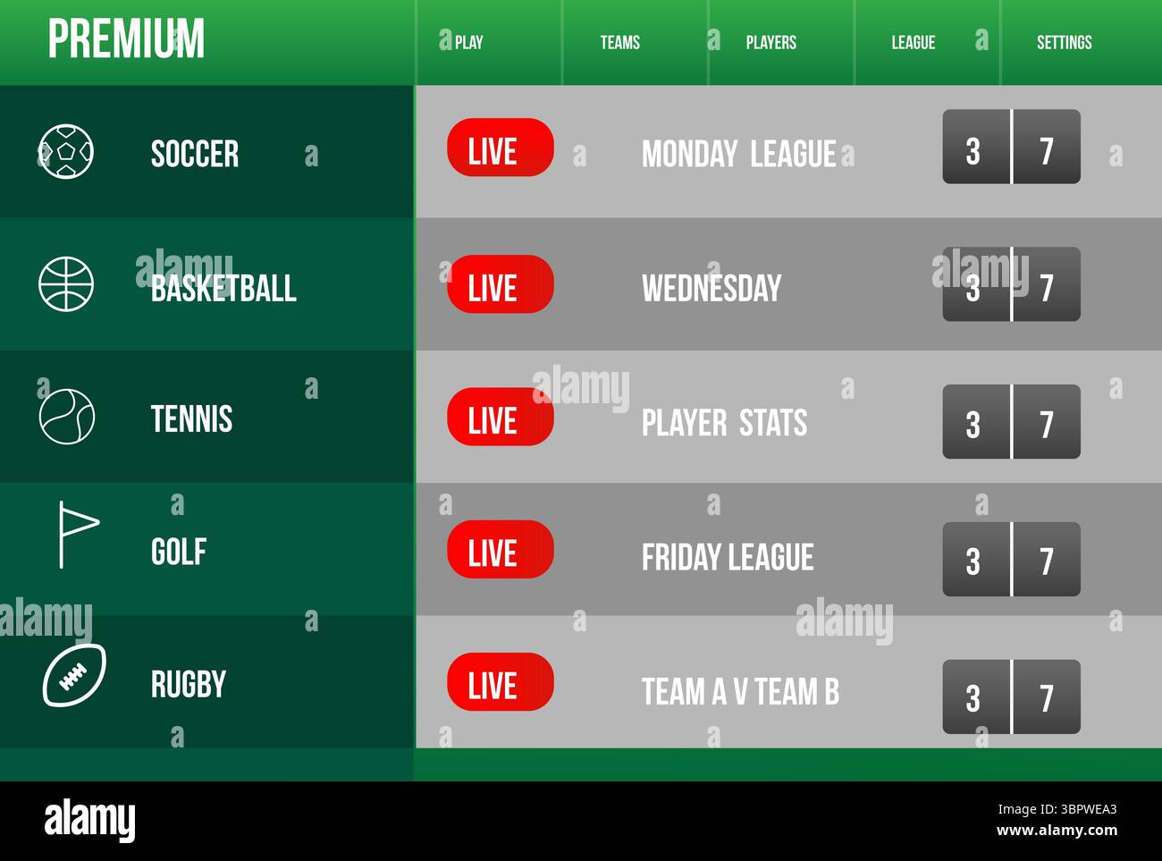 Die flache Design-Benutzeroberfläche des Sport-Dashboards zeigt Live-Angebote, Navigationsleistensymbole, LIVE-Abzeichen und -Ergebnisse an Stockfoto