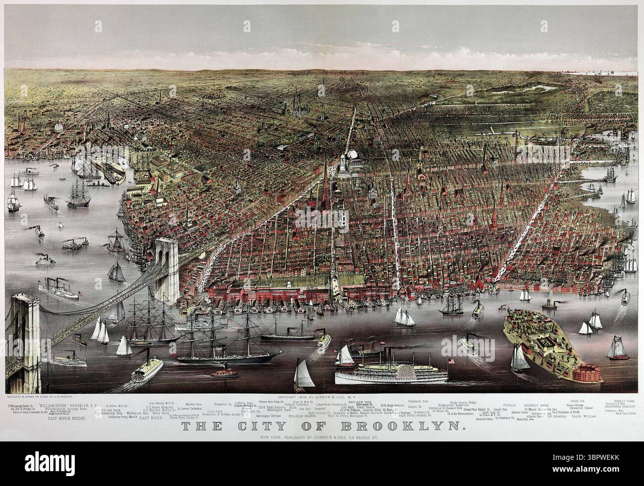 Vintage-Illustration aus der Vogelperspektive der Stadt Brooklyn, New York, wie sie 1879 erschien. Diese Panorama-Lithografie wurde von Currier & Ives entworfen und zeigt die im Bau befindliche Brooklyn Bridge, den lebhaften Verkehr am East River und das detaillierte Stadtbild mit beschrifteten Sehenswürdigkeiten. Stockfoto