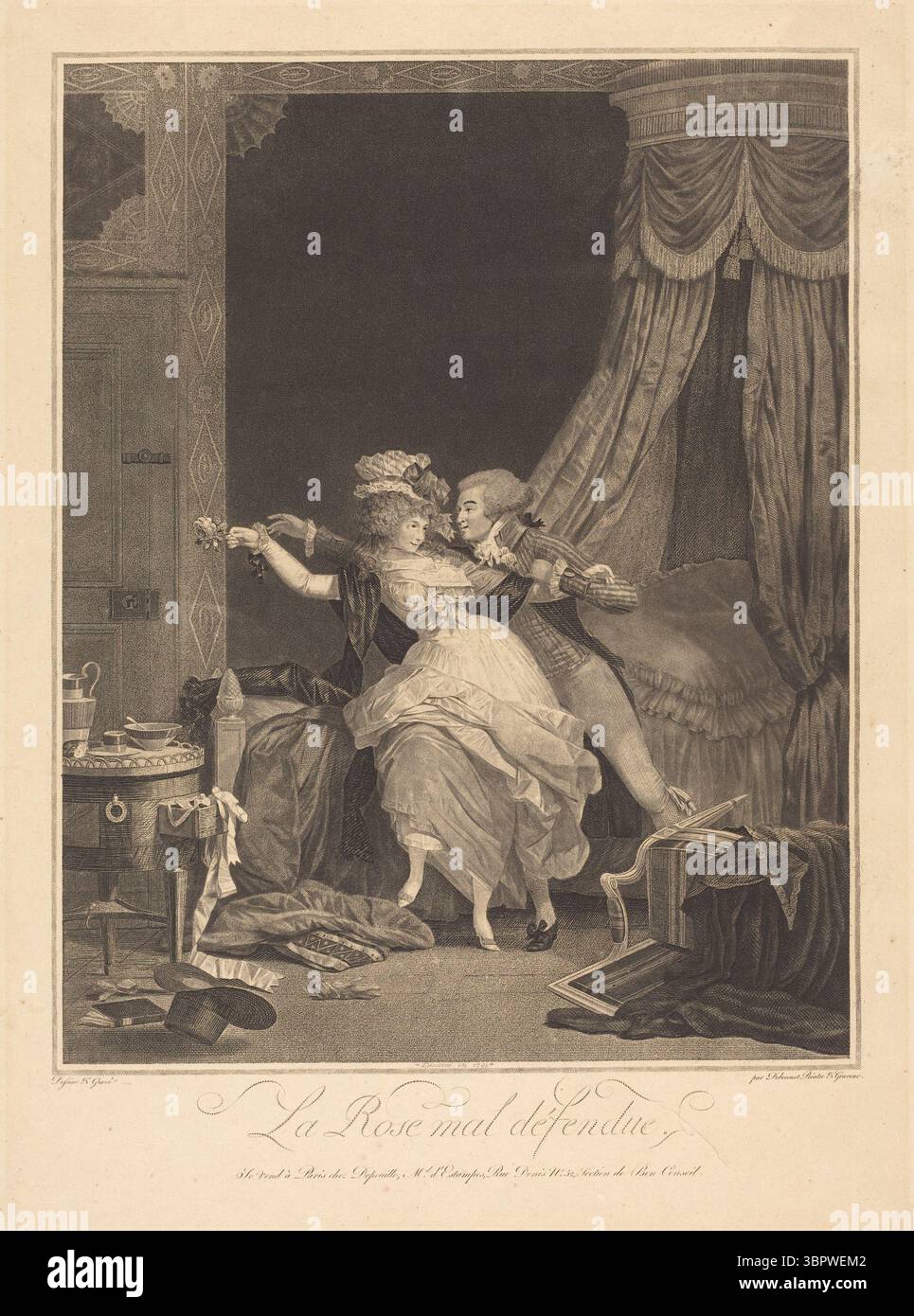 Gravur mit dem Titel La Rose mal défendue (die schlecht verteidigte Rose) des französischen Künstlers Philibert-Louis Debucourt, 1791. Diese riskante Rokoko-Szene zeigt einen flirtenden Kampf zwischen einem Gentleman und einer jungen Frau in einem opulenten Boudoir, der Eleganz, Spannung und subtilen Humor verbindet. Debucourts detaillierte Darstellungen und Theaterkomposition spiegeln den französischen künstlerischen Geschmack des späten 18. Jahrhunderts und den sozialen Kommentar zu Balz und Anstand wider. Stockfoto