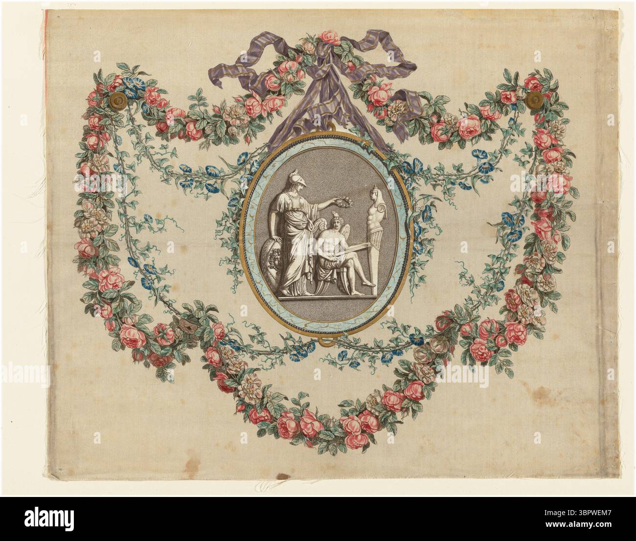 Minerva krönt das Genie der Schönen Künste, ein französisches neoklassisches Seidenkunstwerk, das um 1781 während der Regierungszeit von Ludwig XVI. Und Marie-Antoinette entstand. Das zentrale Medaillon zeigt die römische Göttin Minerva, die eine sitzende männliche Figur verkrönt, die das künstlerische Genie symbolisiert, flankiert von klassischer Skulptur und Schild. Dieses üppige Design wird von Rosengirlanden und dekorativem Band eingerahmt. Geschaffen von verschiedenen französischen Künstlern wie Jean-Baptiste-André Gautier-Dagoty (Drucker), Louis Bonvallet, Pierre Ranson und Jean-Baptiste Pillement. Stockfoto