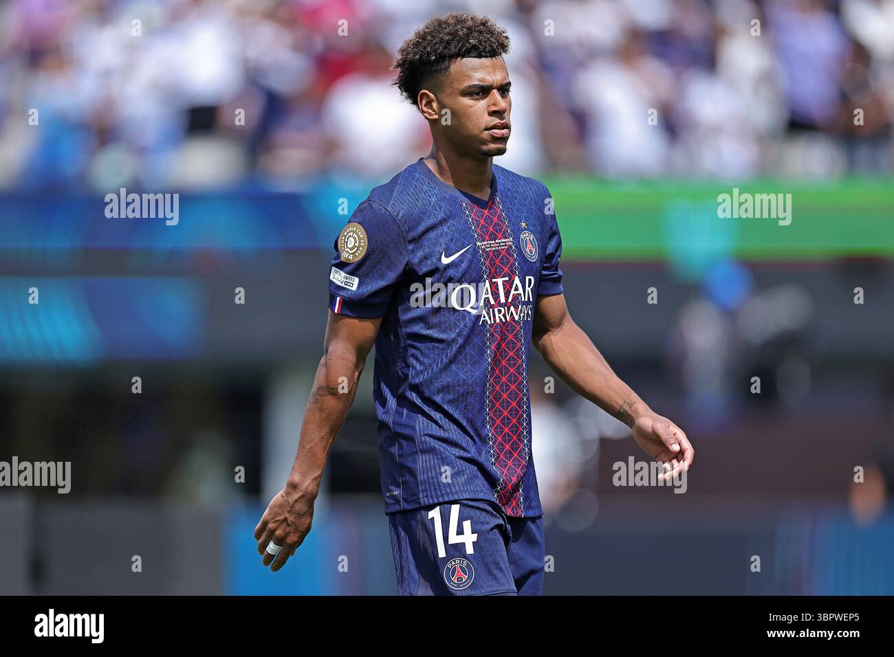 East Rutherford, Usa. Juli 2025. Desire Doue von PSG vor dem Spiel zwischen PSG und Real Madrid C.F. für das Halbfinale der FIFA Club-Weltmeisterschaft 2025 im MetLife Stadium in East Rutherford, USA, am 9. Juli 2025. Foto: Heuler Andrey/DiaEsportivo/Alamy Live News Credit: DiaEsportivo/Alamy Live News Stockfoto