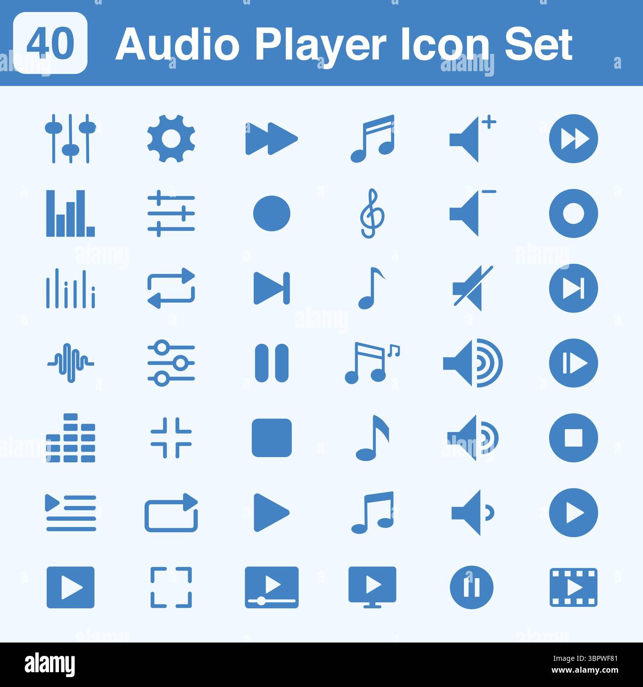 Satz von Tasten zur Audiosteuerung, Symbole für die Multimedia-Benutzeroberfläche, einschließlich Wiedergabe, Pause, Rücklauf, Überspringen, Vorwärts, Einstellungen, Lautstärke, Schieberegler, Zufallswiedergabe, Schleife, Stock Vektor