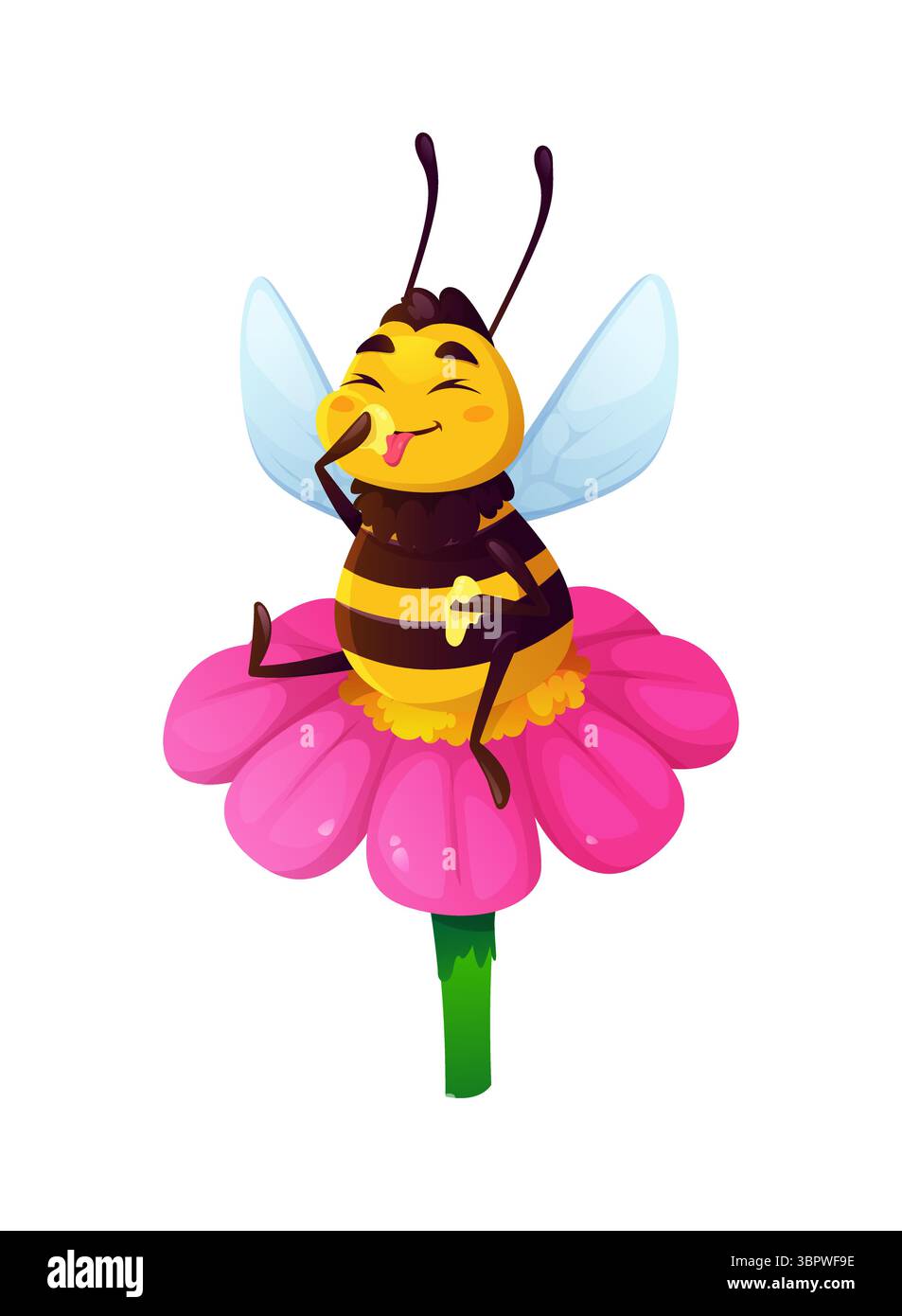Cartoon lustige süße Bienenfigur sitzt auf Blume und isst Honig, Vektor kleine Honigbiene. Fröhliche Babybiene in Blüte mit fröhlichem Gesicht und leckerem Lächeln isst Honig, Hummel Insektencharakter Stock Vektor