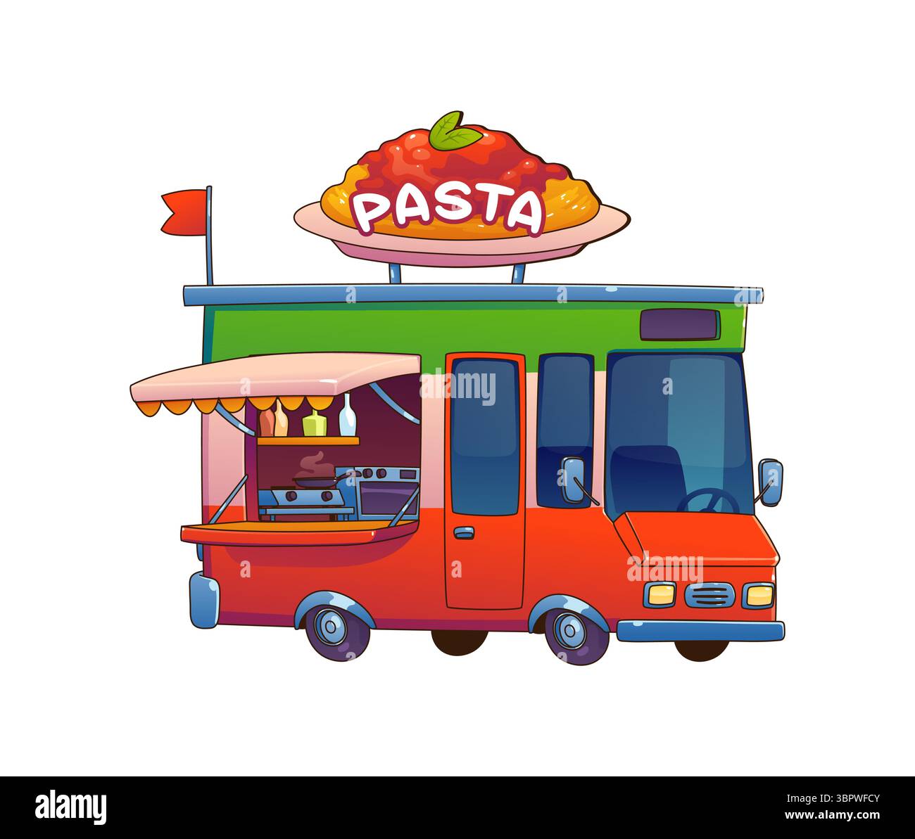 Italienischer Food Truck, Festival Street Foodtruck Van, der frisch zubereitete Pasta serviert, mit einem riesigen Spaghetti-Teller. Cartoon Vektor Retro Mobile, authentische Küche Restaurant, Street Food Verkäufer Stock Vektor
