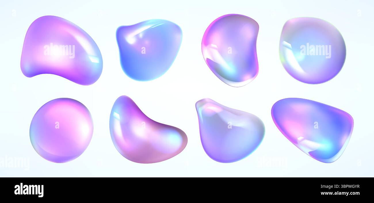 Holographische Farbverläufe – farbenfrohe abstrakte Globen in lebhaften Pastellrosa- und Lila-, Türkis- und Blautönen. Irisierende Flüssigkeitsformen. Helle dekorative Flüssigkeitselemente, glänzende Vektorblasen. Stock Vektor