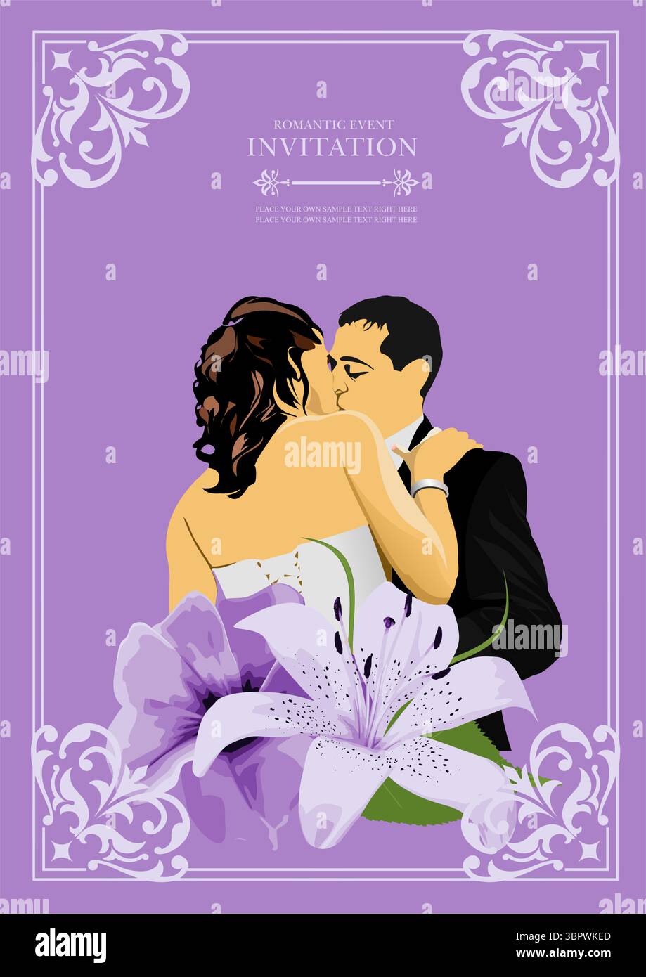 Hochzeitseinladung mit küssender Braut und Bräutigam mit lila Lilie und dekorativer Borte Stock Vektor