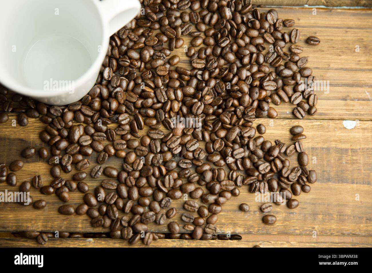 Flaches Design mit verschütteten mittelgerösteten Kaffeebohnen und weißem Keramikbecher auf rustikalem Holztisch Stockfoto