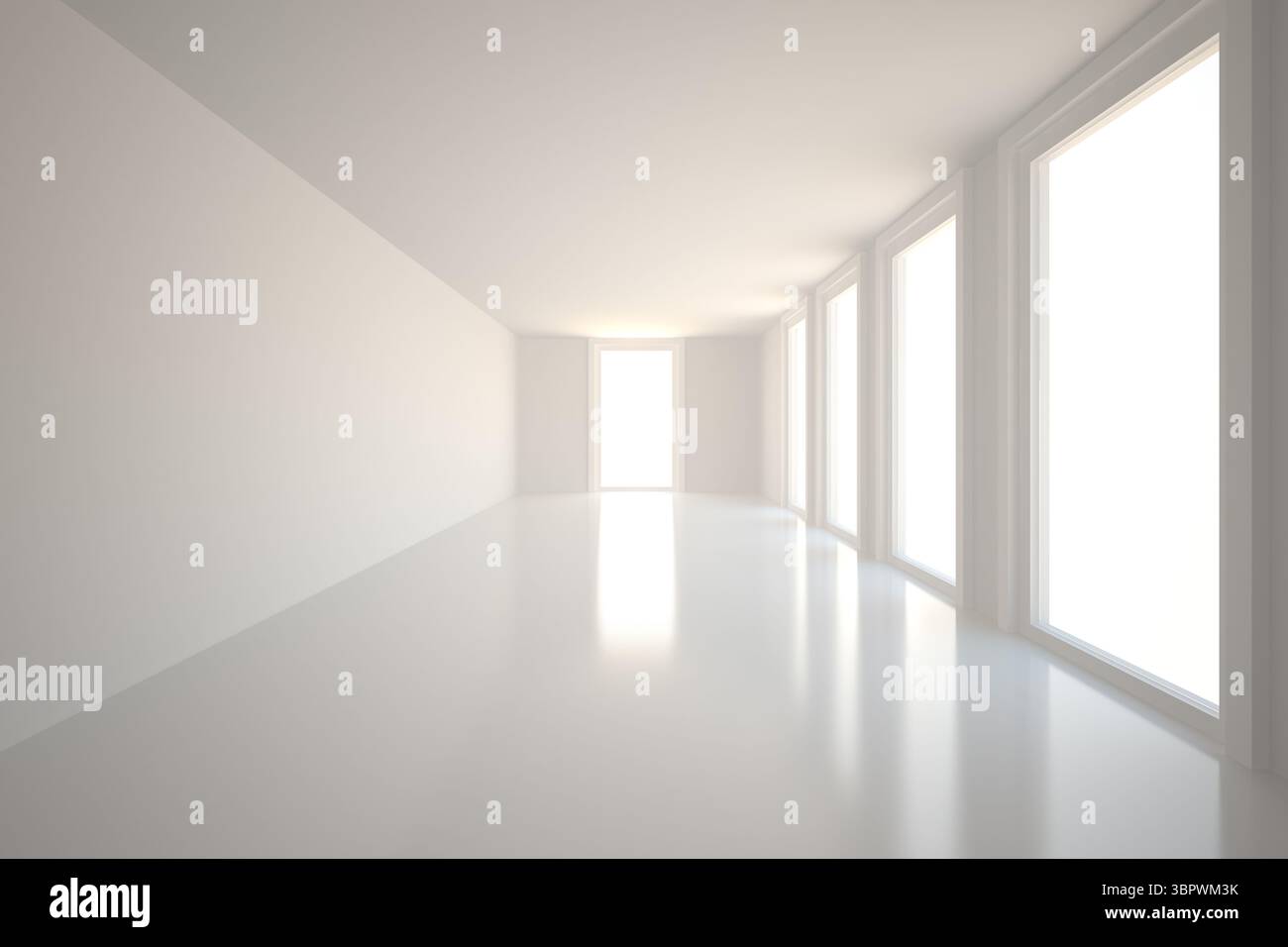 Minimalistischer Korridorinnenraum in flachem Design mit reflektierendem Boden und hohen Fenstern Stockfoto