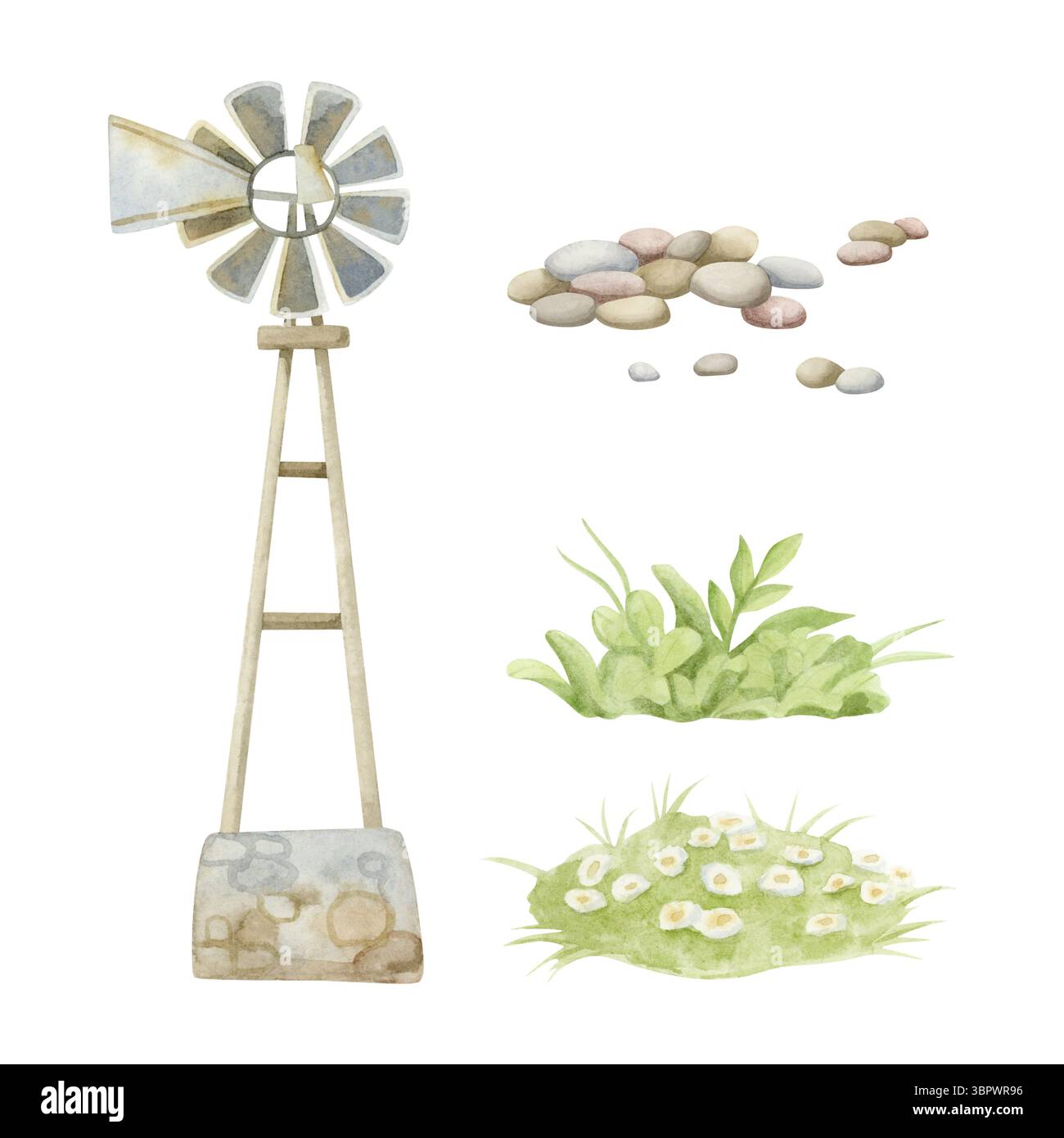 Landschaftselemente Aquarellabbildung isoliert auf weiß. Alte Windmühle, Felsen, Wiesen und Grasclips. Ländliches Dorf oder Stockfoto