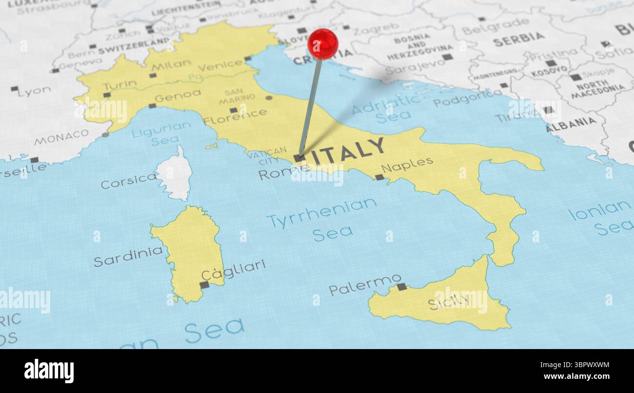 Italien, Rom – Pin auf politische Karte stecken – 3D-Illustration Stockfoto