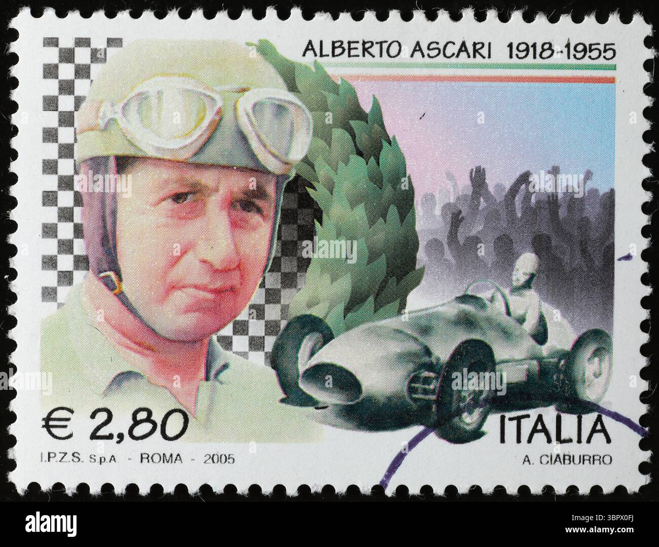 Alberto Ascari Porträt auf italienischer Briefmarke von San Marino Stockfoto