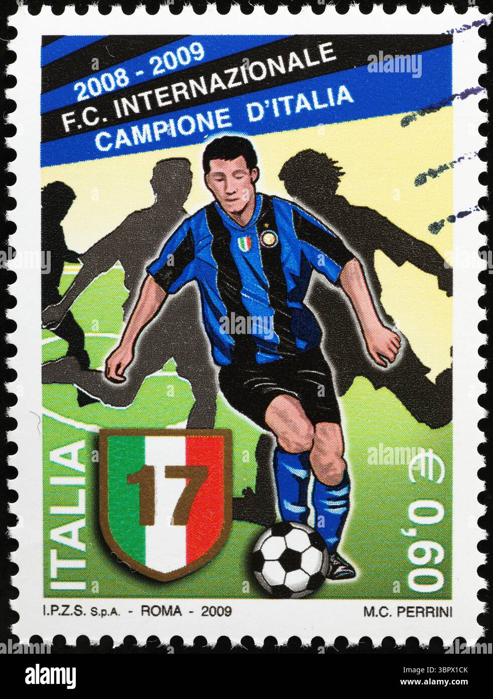 Feier der 17. italienischen Fußballmeisterschaft, gewonnen von Inter Mailand auf Briefmarke Stockfoto
