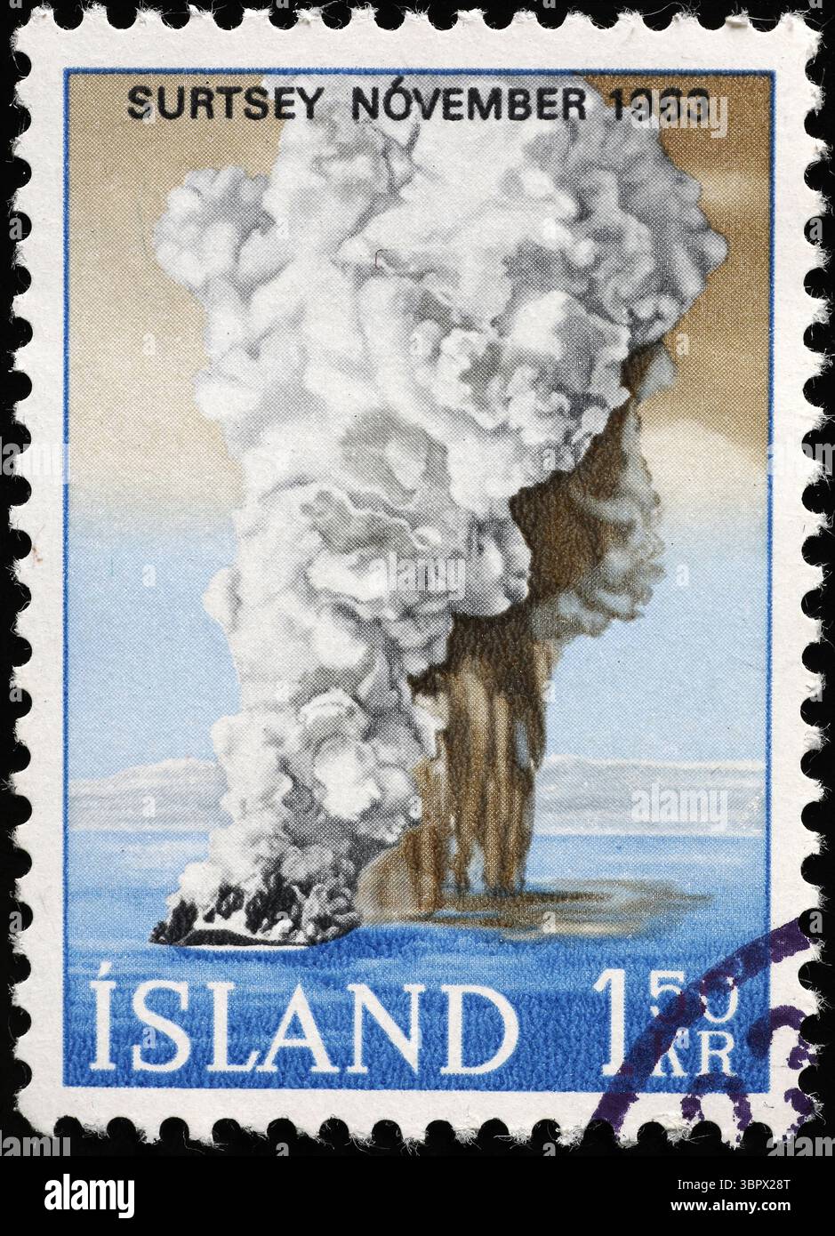 Ausbruch von Surtsey 1964 auf der Briefmarke Islands Stockfoto
