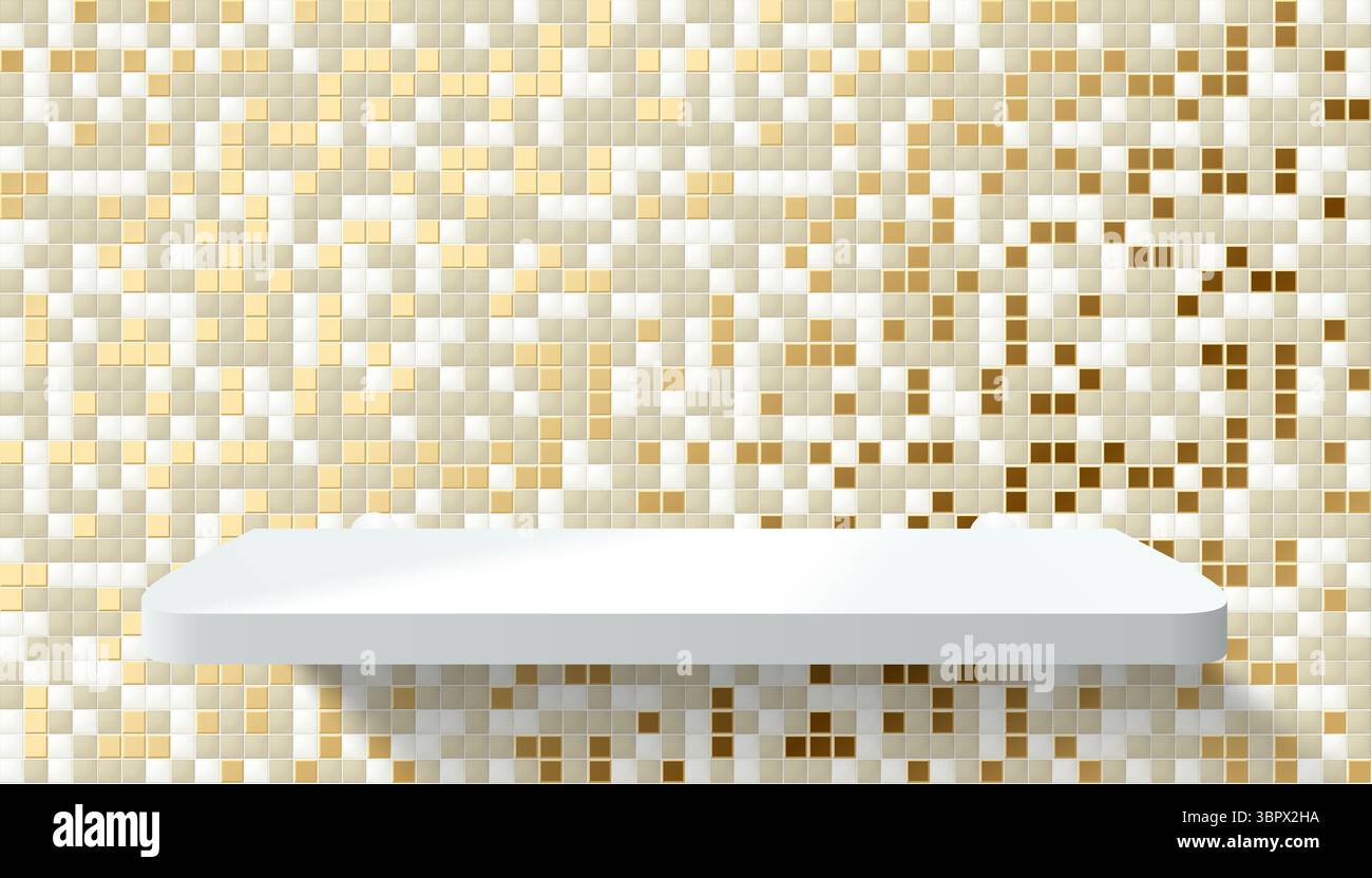 3D-Badezimmer oder Küchenraum mit goldener Fliesenwand, realistisch weißem Podium oder Regal aus Acrylprodukten. Vektor-graues Gold Mosaik Keramik Fliesen Wand Hintergrund Stock Vektor 3D-Badezimmer oder Küchenraum mit goldener Fliesenwand, realistisch weißem Podium oder Regal aus Acrylprodukten. Vektor-graues Gold Mosaik Keramik Fliesen Wand Hintergrund Stock Vektor
