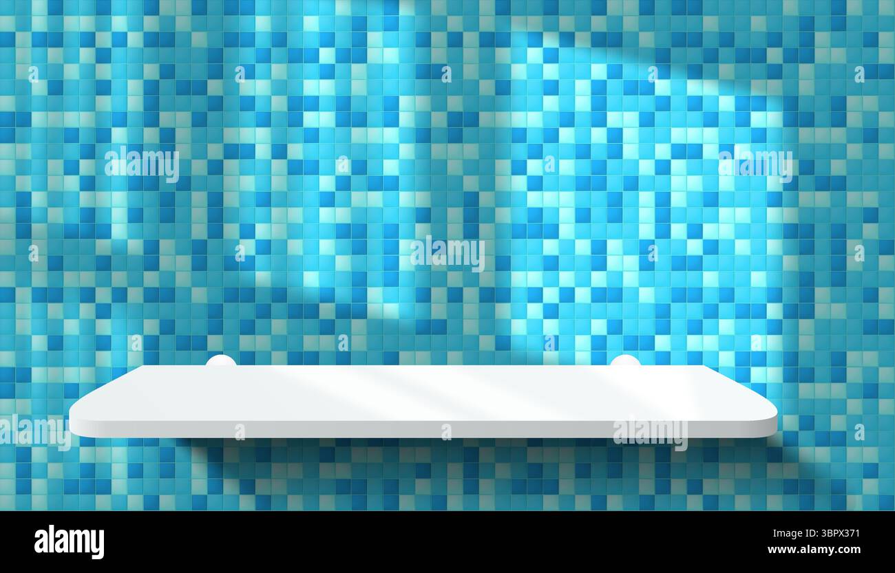 Gekachelte Wand in 3D-Bad oder Küche, realistisch weißes Podium oder Regal aus Acrylprodukten. Vektorblau Mosaik Keramik Fliesen Wand Hintergrund Mockup. Mini Stock Vektor Gekachelte Wand in 3D-Bad oder Küche, realistisch weißes Podium oder Regal aus Acrylprodukten. Vektorblau Mosaik Keramik Fliesen Wand Hintergrund Mockup. Mini Stock Vektor