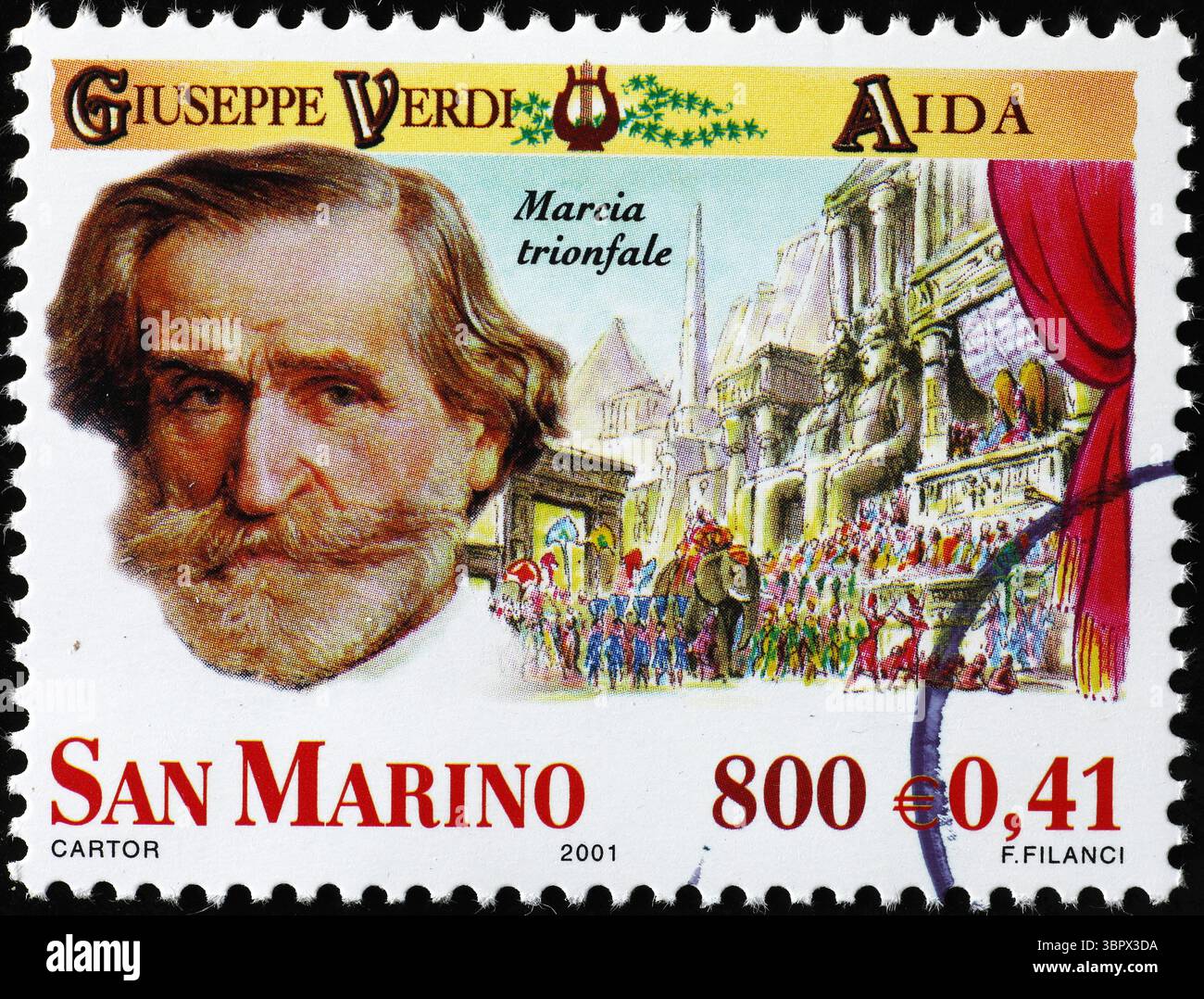 Giuseppe Verdi und seine Oper Aida auf dem Stempel von San Marino Stockfoto