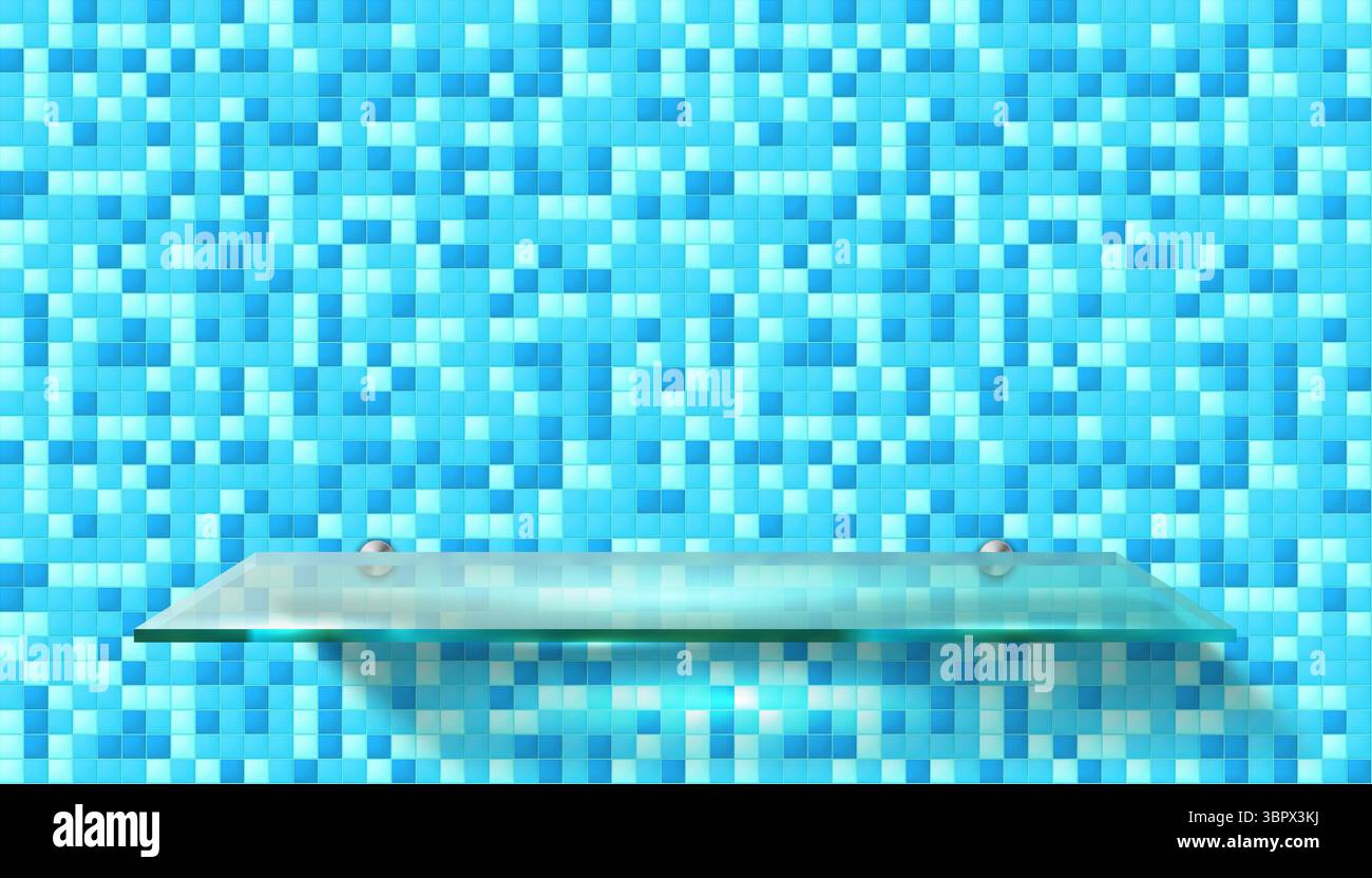 3D-Badezimmer oder Küchenraum azurblaue geflieste Wand, realistisches Podium aus transparentem Glas, Regal aus gehärtetem Glas. Vektor blau Mosaik Keramik Fliesen Wand b Stock Vektor 3D-Badezimmer oder Küchenraum azurblaue geflieste Wand, realistisches Podium aus transparentem Glas, Regal aus gehärtetem Glas. Vektor blau Mosaik Keramik Fliesen Wand b Stock Vektor
