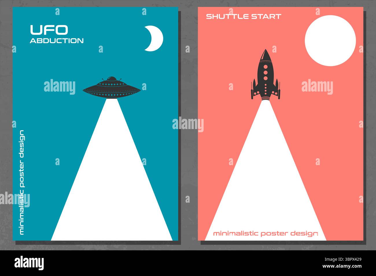 Posterset im Retro-Design mit minimalistischem Platzkonzept. Shuttle-Start Tag, UFO Raumschiff Nacht. Abstrakte Wandkunst Digitale Innendekoration Art.. Stock Vektor Posterset im Retro-Design mit minimalistischem Platzkonzept. Shuttle-Start Tag, UFO Raumschiff Nacht. Abstrakte Wandkunst Digitale Innendekoration Art.. Stock Vektor