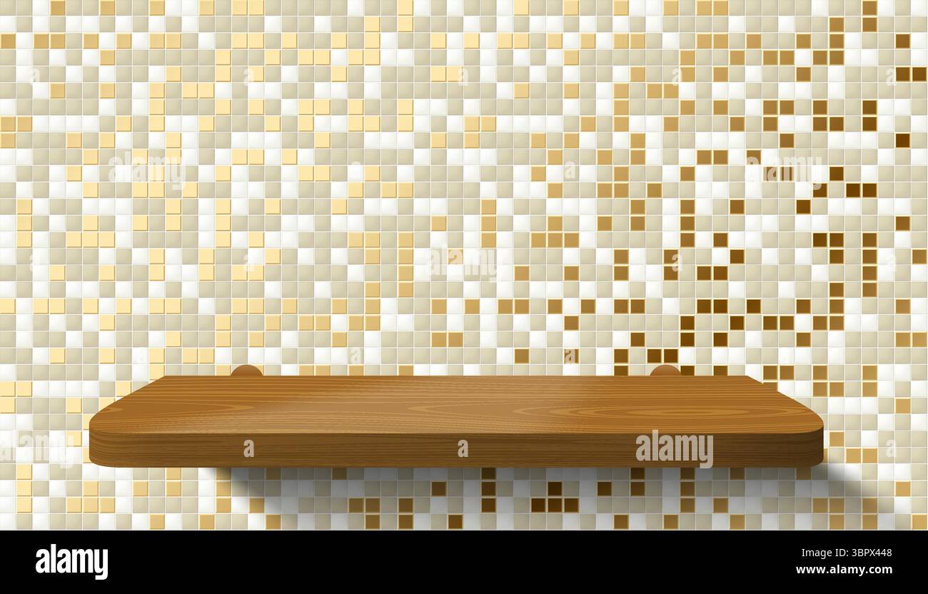 3D-Badezimmer oder Küchenraum, goldgeflieste Wand, realistisches helles Holzpodium oder Produktregal. Vektor graues Gold Mosaik Keramik Fliesen Wand Hintergrund moc Stock Vektor 3D-Badezimmer oder Küchenraum, goldgeflieste Wand, realistisches helles Holzpodium oder Produktregal. Vektor graues Gold Mosaik Keramik Fliesen Wand Hintergrund moc Stock Vektor