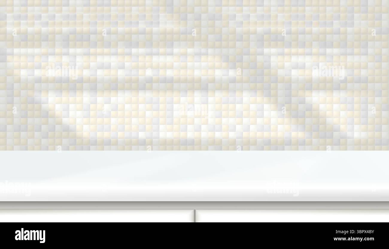 3D-Küchentisch, Arbeitsfläche, helle pastellfarbene Wand, weißes Acrylpodium oder Kunststoffregal. Vektorgraue Mosaikfliesen Wand Stock Vektor 3D-Küchentisch, Arbeitsfläche, helle pastellfarbene Wand, weißes Acrylpodium oder Kunststoffregal. Vektorgraue Mosaikfliesen Wand Stock Vektor