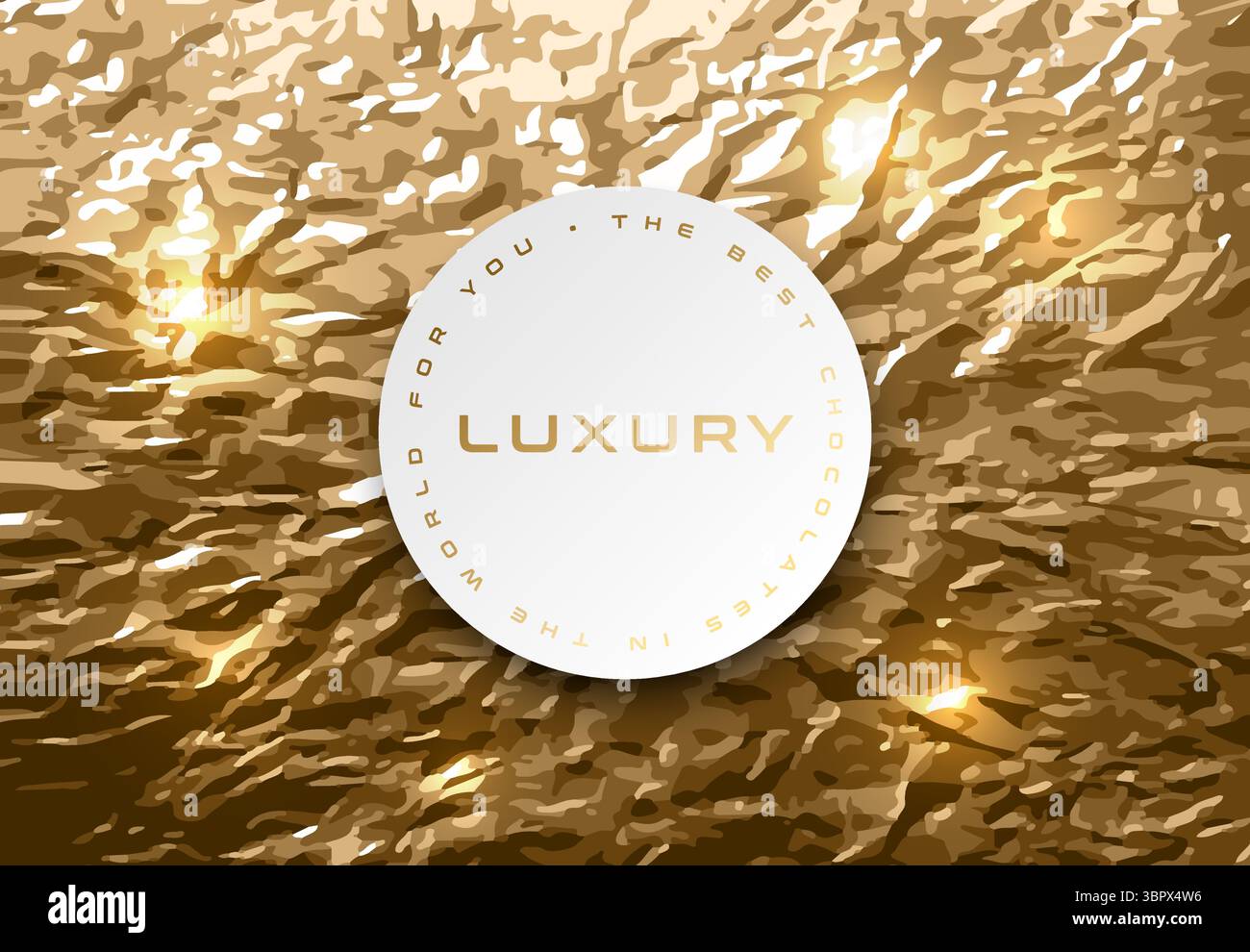 Goldener Hintergrund aus zerknitterter Folie, weißes kreisförmiges mittleres Banner. Aluminiumfolie als luxuriöser Hintergrund für Design. Vektortextur zerknitterter Folie. Zerknittert Stock Vektor