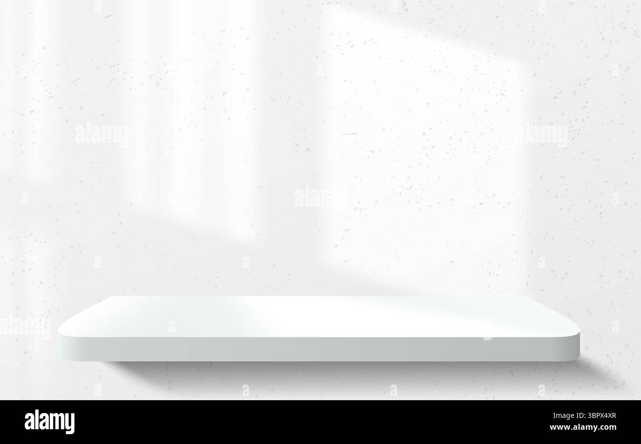 Abstrakte Wand aus weißem Beton im Raum mit realistischem 3D-Podium oder Regal aus Acrylprodukten. Vektorfenster Licht Schatten Wand Hintergrund Mockup Display Stock Vektor Abstrakte Wand aus weißem Beton im Raum mit realistischem 3D-Podium oder Regal aus Acrylprodukten. Vektorfenster Licht Schatten Wand Hintergrund Mockup Display Stock Vektor
