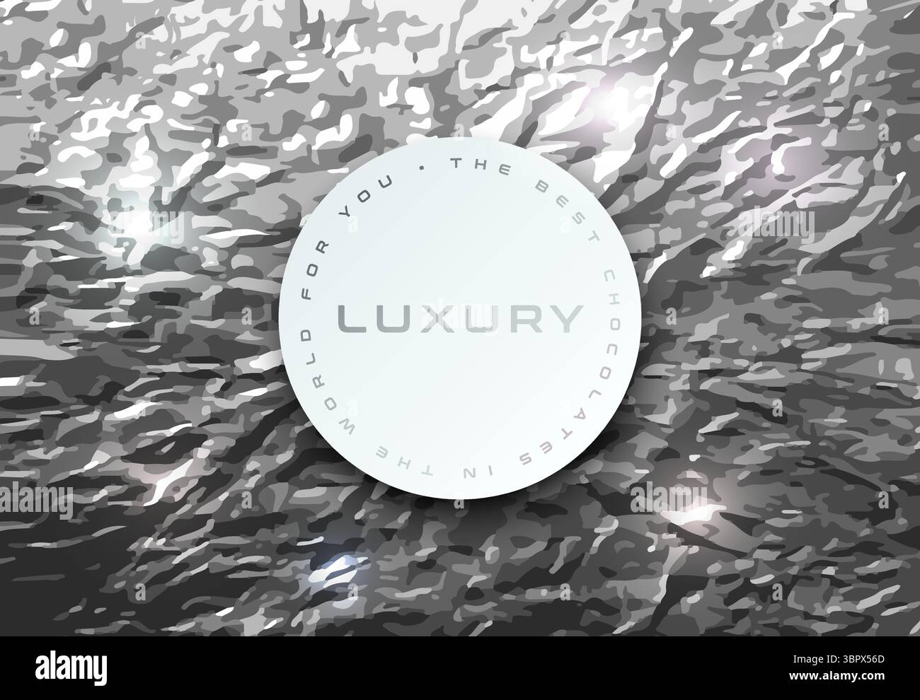 Silberner Hintergrund aus zerknitterter Folie, weißes kreisförmiges mittleres Banner. Aluminiumfolie als luxuriöser Hintergrund für Design. Vektortextur zerknitterter Folie. Zerknittert Stock Vektor