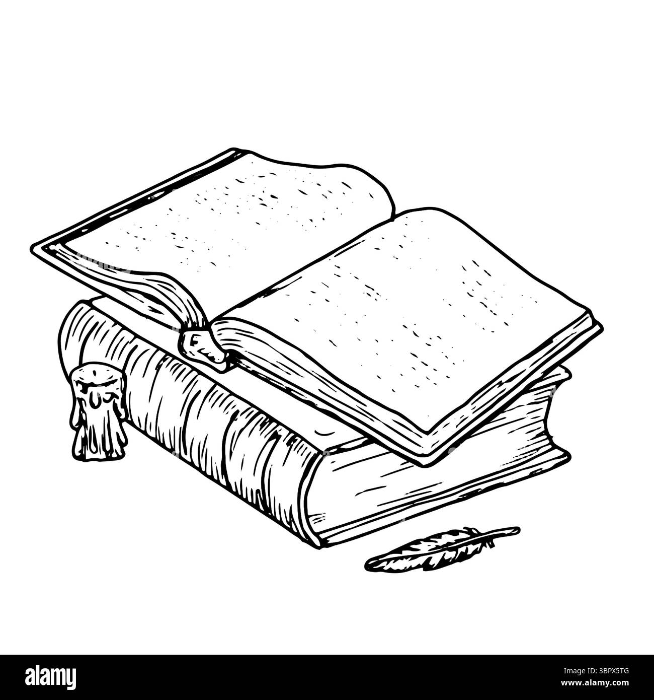 Das offene Buch liegt auf einem geschlossenen, auf der Seite ist eine Rabenfeder und eine Kerze mit Docht, ein schwarz-weißer Inselchen. Vektorabbildung. Stapel Stock Vektor